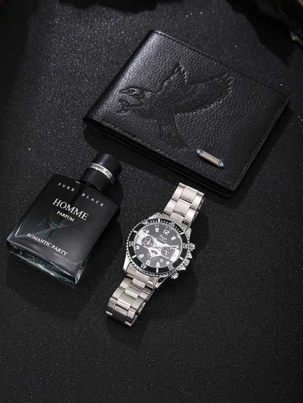 ست هدیه ۳ تکه مردانه – ساعت کوارتز، کیف پول و ادکلن
