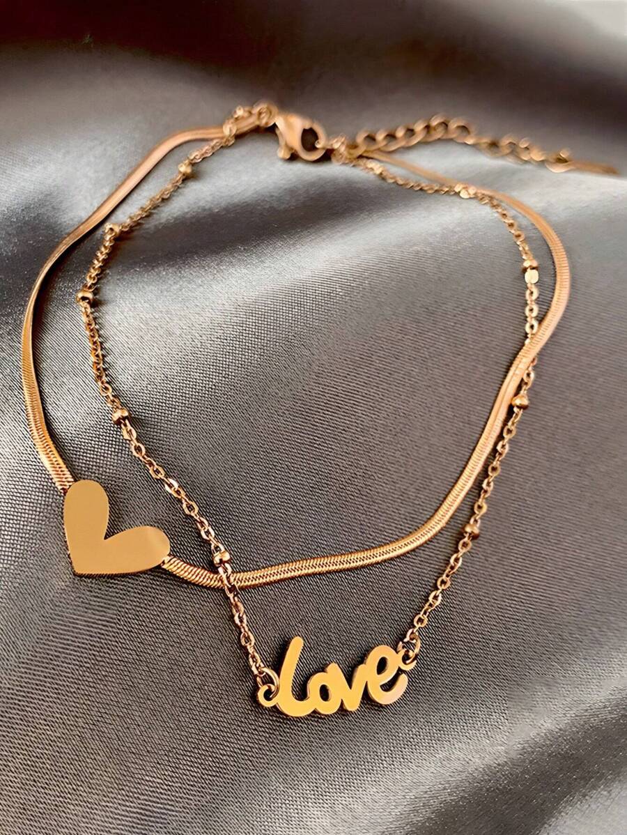 خلخال دولایه Love Love – استیل تیتانیومی با روکش طلا ۱۸ عیار، مناسب هدیه عاشقانه