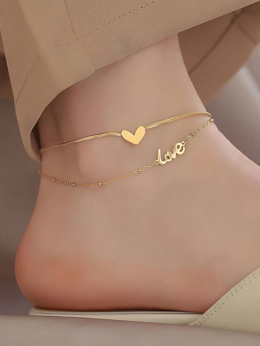 خلخال دولایه Love Love – استیل تیتانیومی با روکش طلا ۱۸ عیار، مناسب هدیه عاشقانه