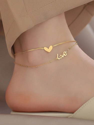 خلخال دولایه Love Love – استیل تیتانیومی با روکش طلا ۱۸ عیار، مناسب هدیه عاشقانه