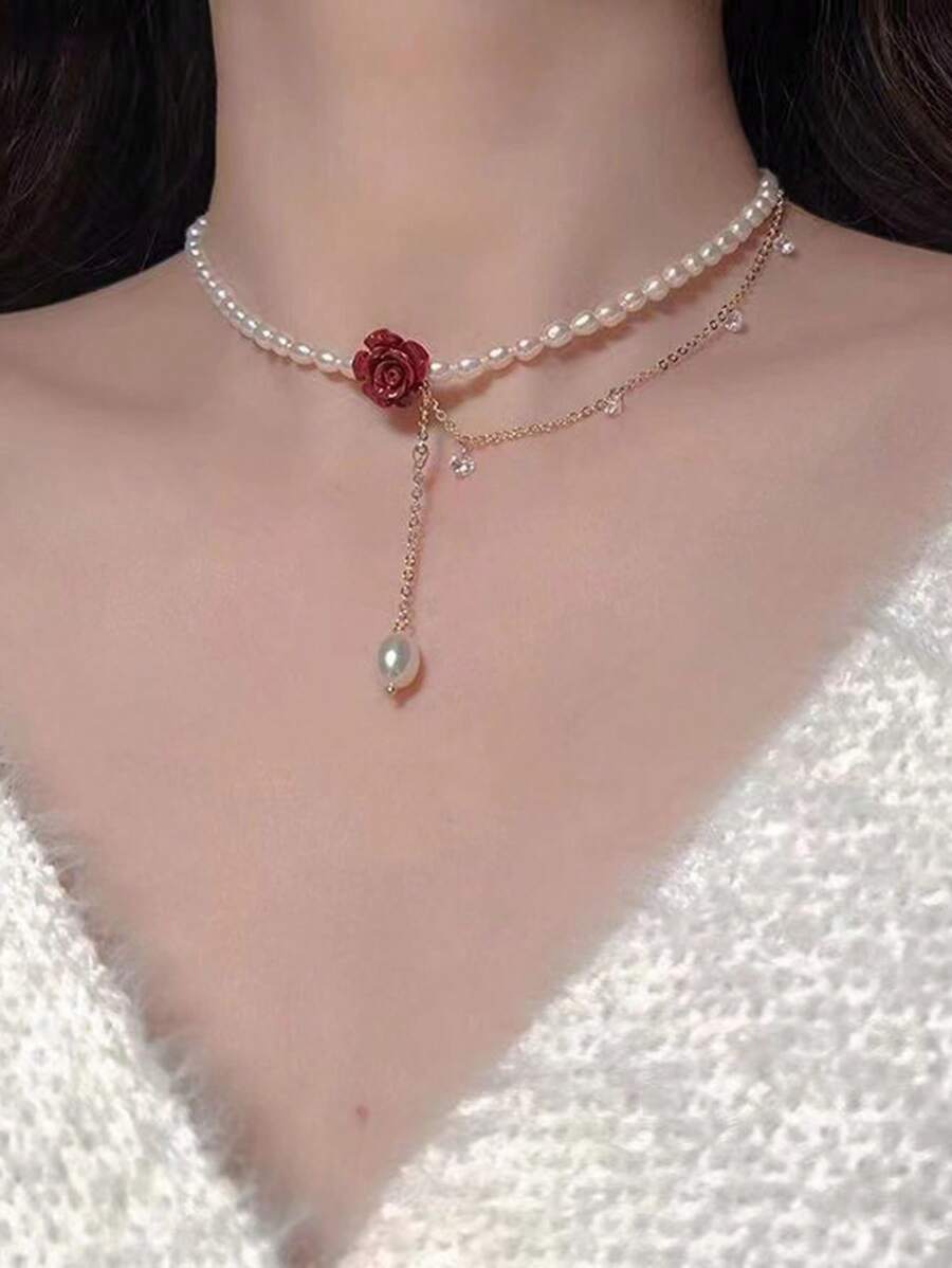 گردنبند چوکر زنانه لوکس – مرواریدی با گل صورتی، سبک و ظریف