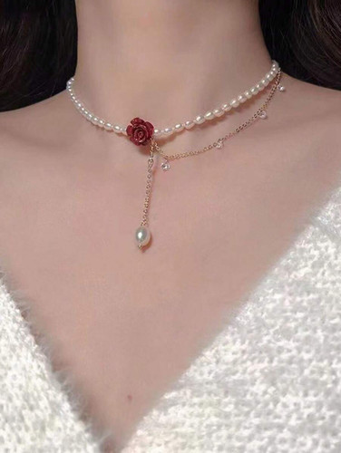 گردنبند چوکر زنانه لوکس – مرواریدی با گل صورتی، سبک و ظریف