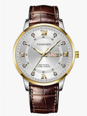 ساعت مچی شبتاب و ضد آب از برند FANSICHEN، مردانه با موتور کوارتز و تقویم دوگانه، بند چرمی مشکی و قهوهای، بسیار باریک، مناسب استفاده روزانه