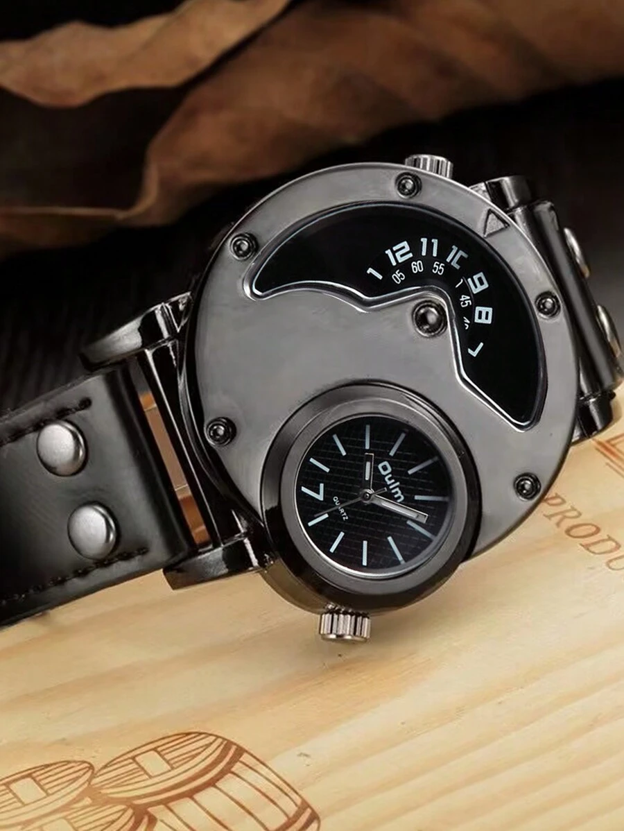 ساعت مردانه فشن دیو Dual-Time کوارتز با بند چرمی سبک هیپ-هاپ، مناسب برای استفاده روزمره و استایل اسپرت