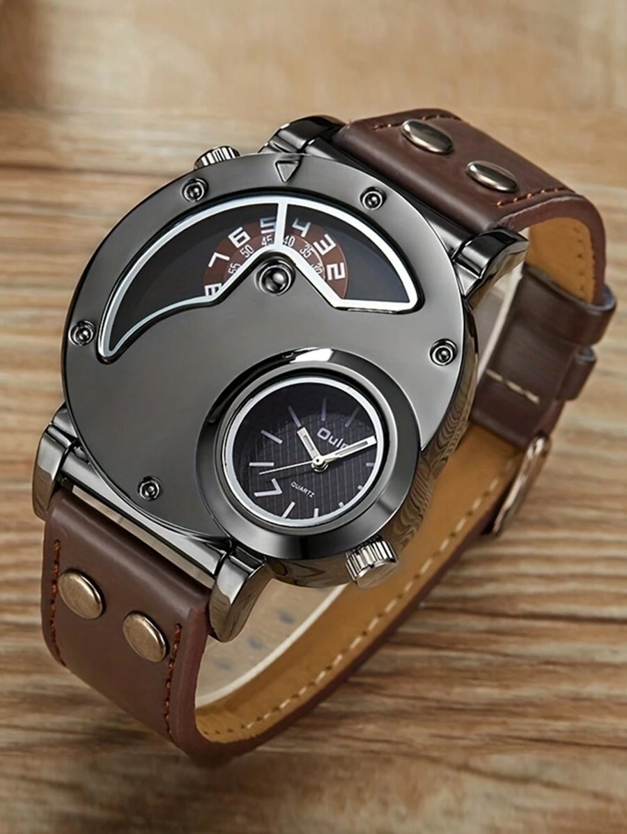 ساعت مردانه فشن دیو Dual-Time کوارتز با بند چرمی سبک هیپ-هاپ، مناسب برای استفاده روزمره و استایل اسپرت