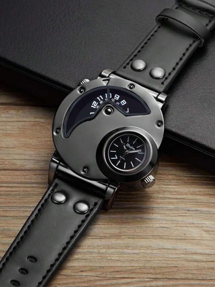 ساعت مردانه فشن دیو Dual-Time کوارتز با بند چرمی سبک هیپ-هاپ، مناسب برای استفاده روزمره و استایل اسپرت