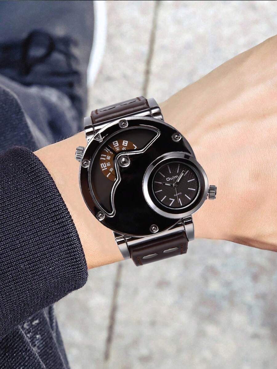 ساعت مردانه فشن دیو Dual-Time کوارتز با بند چرمی سبک هیپ-هاپ، مناسب برای استفاده روزمره و استایل اسپرت