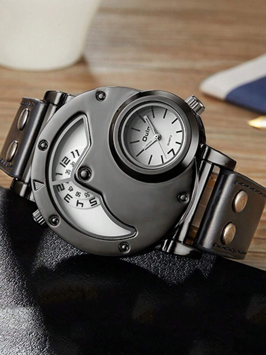 ساعت مردانه فشن دیو Dual-Time کوارتز با بند چرمی سبک هیپ-هاپ، مناسب برای استفاده روزمره و استایل اسپرت