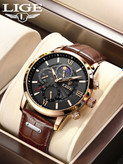 ساعت کوارتز مردانه LIGE با بند پلیاورتان طرح پوست تمساح قهوهای، صفحه گرد آنالوگ مشکی، مقاوم در برابر آب، مناسب استفاده روزمره و هدیه