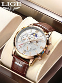 ساعت کوارتز مردانه LIGE با بند پلیاورتان طرح پوست تمساح قهوهای، صفحه گرد آنالوگ مشکی، مقاوم در برابر آب، مناسب استفاده روزمره و هدیه