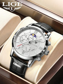 ساعت کوارتز مردانه LIGE با بند پلیاورتان طرح پوست تمساح قهوهای، صفحه گرد آنالوگ مشکی، مقاوم در برابر آب، مناسب استفاده روزمره و هدیه