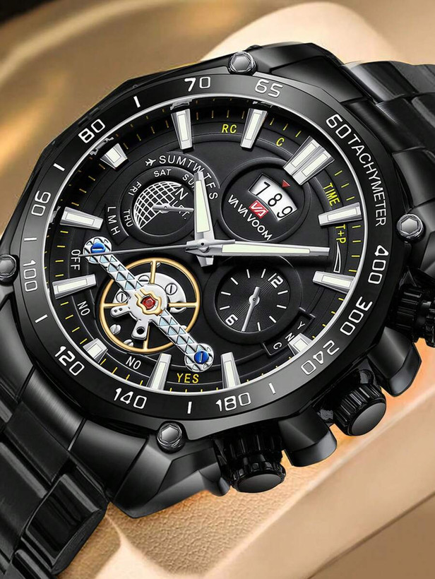 ساعت کوارتز مردانه VA VA VOOM تماممشکلی با بدنه و بند استیل ضد زنگ، طرح دکوری توربیلون (Tourbillon Dekor)، نور شبانه (Night Light)، ضدآب (۳ ATM) — شیک و چندکاره برای استفاده روزمره، مناسبتهای رسمی و هدیهای خاص