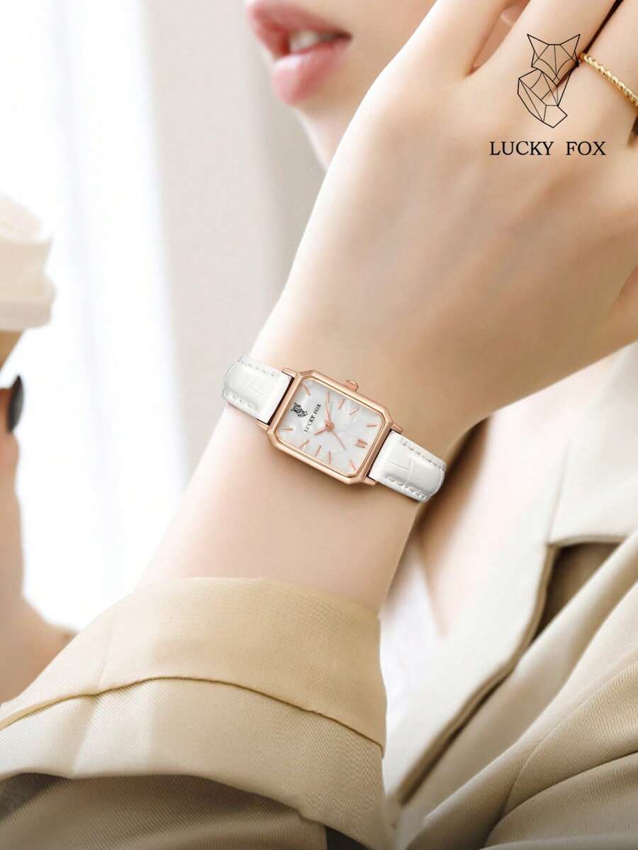 ساعت کوارتز زنانه LUCKYFOX با بند سفید PU و صفحه مربعی شیک — سبک، دقیق و ایده‌آل برای روزمرگی