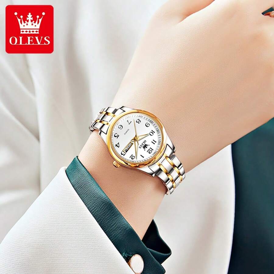 ساعت زنانه OLEVS کوارتز با طراحی کلاسیک و بند استیل دو رنگ، نمایش تاریخ و روز هفته، ضدآب و شب‌تاب—لوکس و شیک برای استفاده روزمره و مجالس