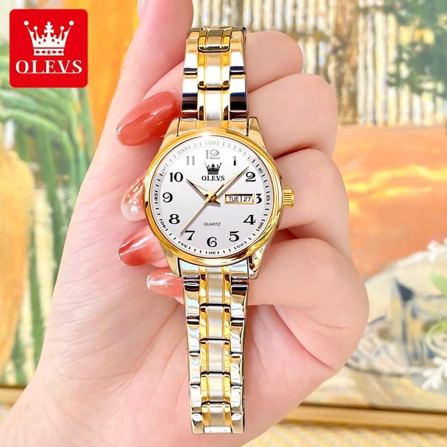 ساعت زنانه OLEVS کوارتز با طراحی کلاسیک و بند استیل دو رنگ، نمایش تاریخ و روز هفته، ضدآب و شب‌تاب—لوکس و شیک برای استفاده روزمره و مجالس