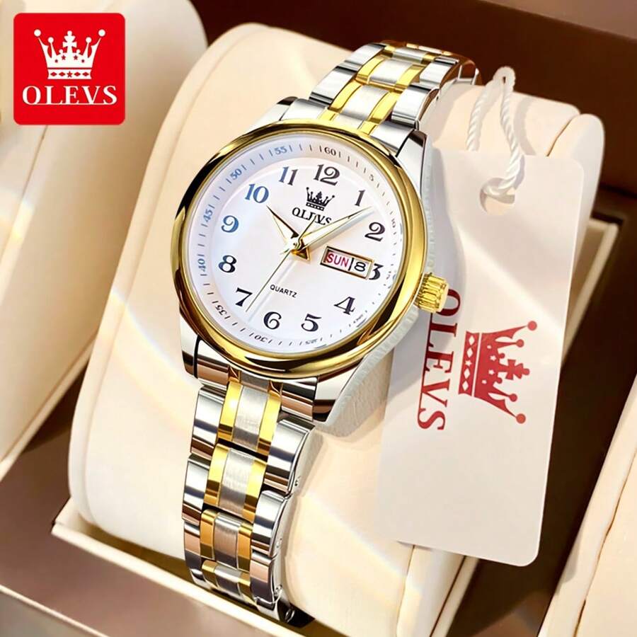 ساعت زنانه OLEVS کوارتز با طراحی کلاسیک و بند استیل دو رنگ، نمایش تاریخ و روز هفته، ضدآب و شب‌تاب—لوکس و شیک برای استفاده روزمره و مجالس