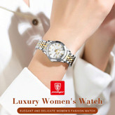 ساعت زنانه POEDAGAR با بند استیل دو رنگ نقرهای و طلایی، صفحه شیشهای سهبعدی با مقیاس کریستالی، نمایش تاریخ و روز هفته، کوارتز ژاپنی، شبتاب و ضدآب—لوکس و شیک برای استفاده روزمره و مجالس