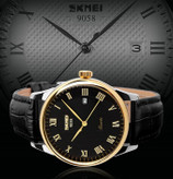 ساعت آنالوگ بیزینس SKMEI مدل ۹۰۵۸ با شمارههای رومی، شیشه سخت آلمانی و بند چرمی مشکی