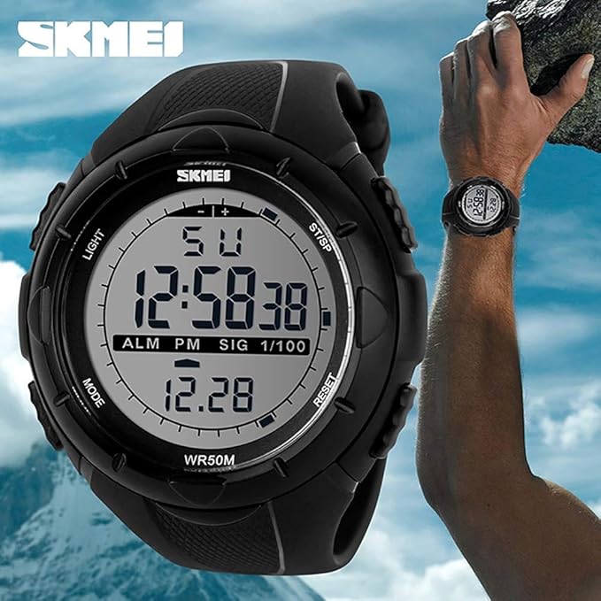 ساعت دیجیتال ورزشی SKMEI مدل ۱۰۲۵ مشکی با مقاومت آب، قاب ABS و بند PU/استیل