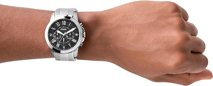 ساعت کرنوگراف کلاسیک Fossil مدل Grant FS4736IE با بدنه و بند فولاد صیقلی، صفحه مشکی با شماره‌های رومی و مقاومت ۵۰ متر