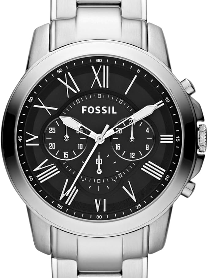 ساعت کرنوگراف کلاسیک Fossil مدل Grant FS4736IE با بدنه و بند فولاد صیقلی، صفحه مشکی با شماره‌های رومی و مقاومت ۵۰ متر