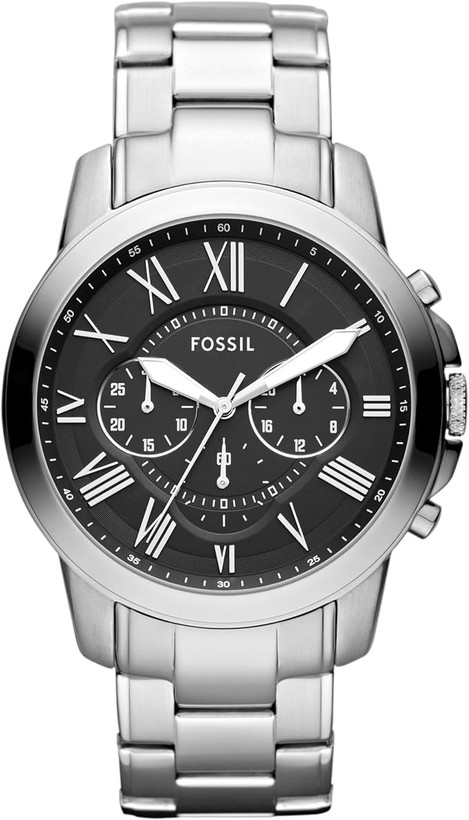 ساعت کرنوگراف کلاسیک Fossil مدل Grant FS4736IE با بدنه و بند فولاد صیقلی، صفحه مشکی با شمارههای رومی و مقاومت ۵۰ متر