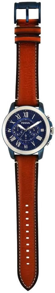 ساعت کرنوگراف Fossil Grant مدل FS5151 با قاب فولادی نقره‌ای-آبی، صفحه آبی، بند چرمی قهوه‌ای روشن و مقاومت ۵ ATM