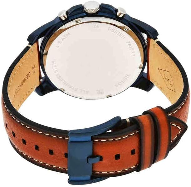 ساعت کرنوگراف Fossil Grant مدل FS5151 با قاب فولادی نقره‌ای-آبی، صفحه آبی، بند چرمی قهوه‌ای روشن و مقاومت ۵ ATM