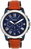 ساعت کرنوگراف Fossil Grant مدل FS5151 با قاب فولادی نقرهای-آبی، صفحه آبی، بند چرمی قهوهای روشن و مقاومت ۵ ATM