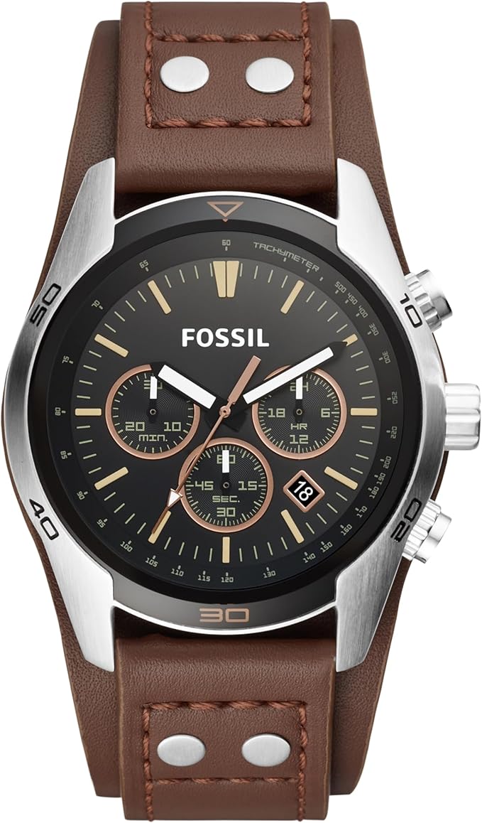 ساعت کرونوگراف Fossil Coachman مدل CH2891 با قاب فولادی سیلور، صفحه مشکی، بند چرمی قهوه‌ای و مقاومت آب ۱۰۰ متری