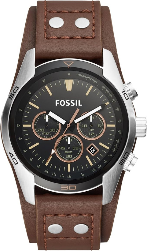 ساعت کرونوگراف Fossil Coachman مدل CH2891 با قاب فولادی سیلور، صفحه مشکی، بند چرمی قهوهای و مقاومت آب ۱۰۰ متری