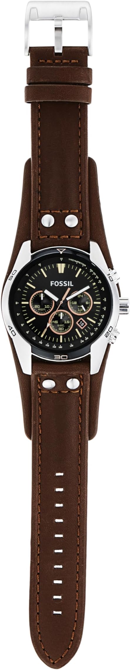 ساعت کرونوگراف Fossil Coachman مدل CH2891 با قاب فولادی سیلور، صفحه مشکی، بند چرمی قهوه‌ای و مقاومت آب ۱۰۰ متری