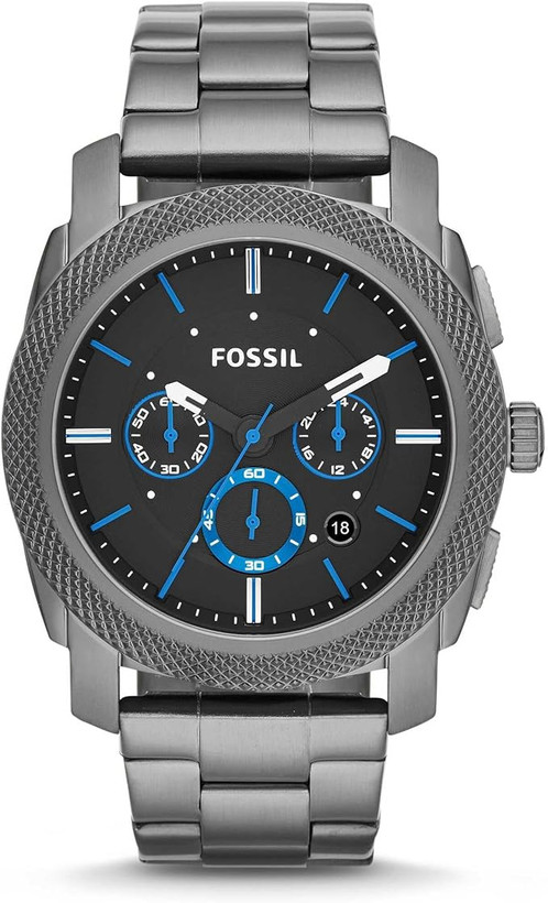 ساعت کرونوگراف Fossil مدل Machine FS4931 با قاب فلزی دود موشی، صفحه مشکی با جزئیات آبی و بند استیل پهن