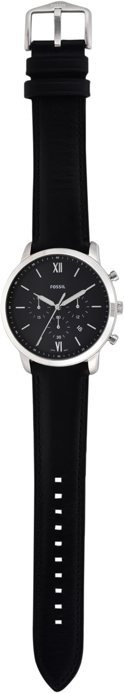 ساعت کرونوگراف Fossil Neutra مدل FS5452 با قاب استیل نقره‌ای، صفحه مشکی ساتن، بند چرمی مشکی و مقاومت تا ۵۰ متر