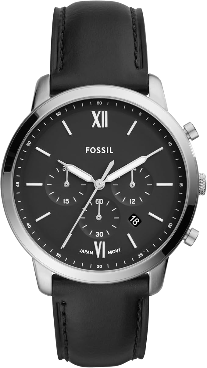 ساعت کرونوگراف Fossil Neutra مدل FS5452 با قاب استیل نقره‌ای، صفحه مشکی ساتن، بند چرمی مشکی و مقاومت تا ۵۰ متر